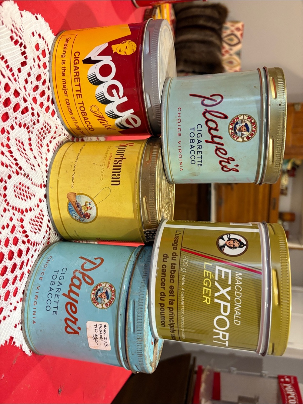 Vintage Player's & Vogue Tobacco Tin Collection — Light Blue, Gold, Red, Yellow